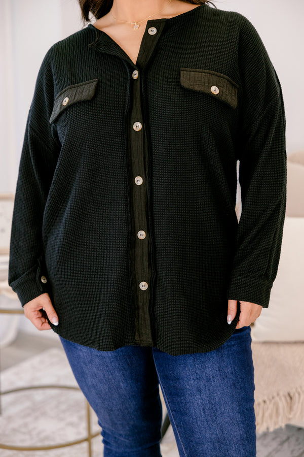 Chic Soul plus size clothing, black long sleeve shacket with buttons down the front and two front breast pockets with button closure