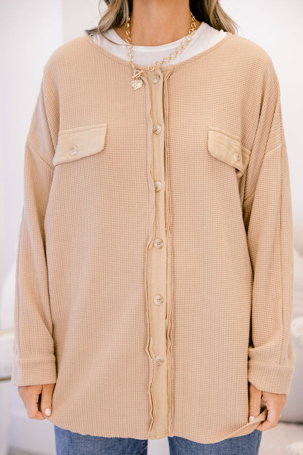 Chic Soul plus size clothing, latte tan long sleeve shacket with buttons down the front and two front breast pockets with button closure