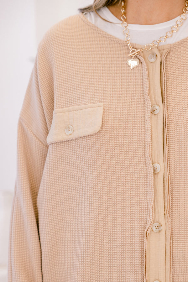 Chic Soul plus size clothing, latte tan long sleeve shacket with buttons down the front and two front breast pockets with button closure