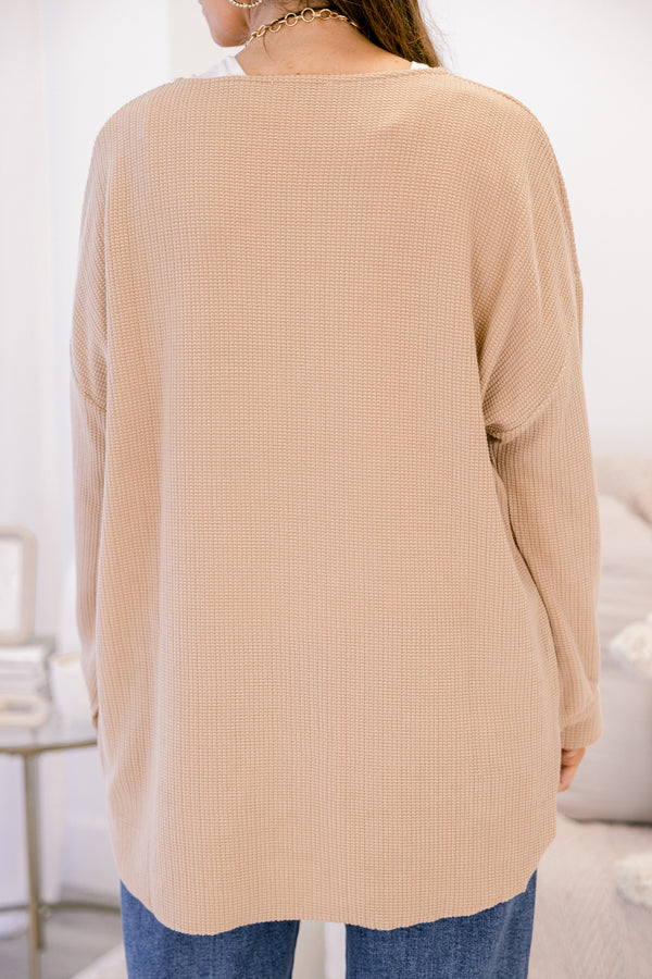 Chic Soul plus size clothing, latte tan long sleeve shacket with buttons down the front and two front breast pockets with button closure