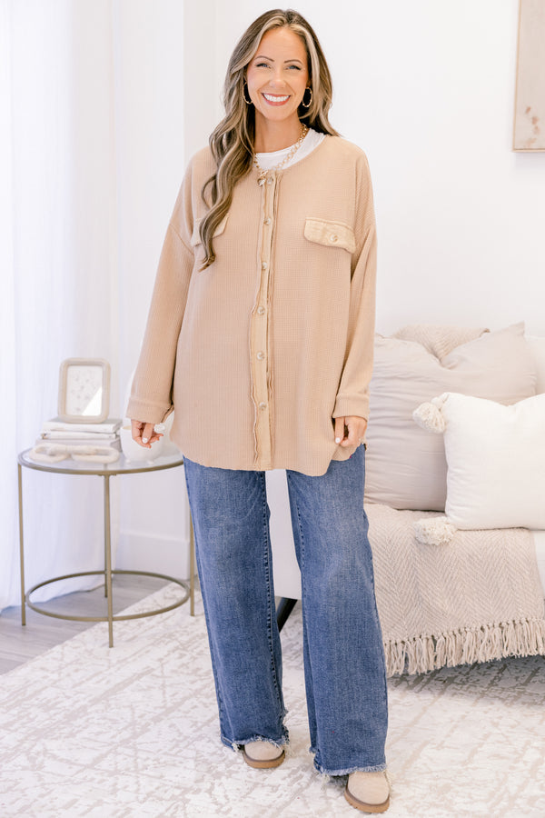 Chic Soul plus size clothing, latte tan long sleeve shacket with buttons down the front and two front breast pockets with button closure