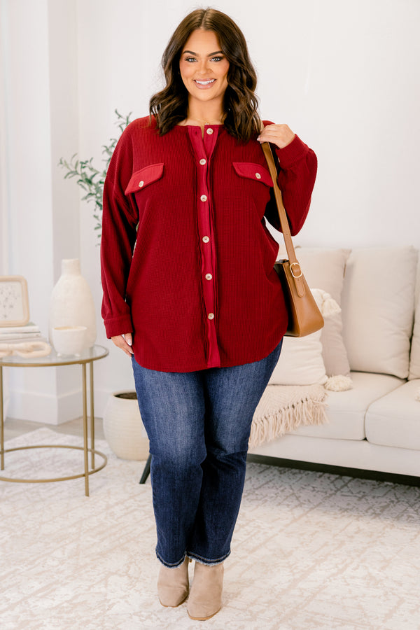 Chic Soul plus size clothing, wine red tons down the front and two front breast pockets with button closure