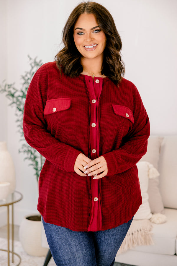 Chic Soul plus size clothing, wine red tons down the front and two front breast pockets with button closure