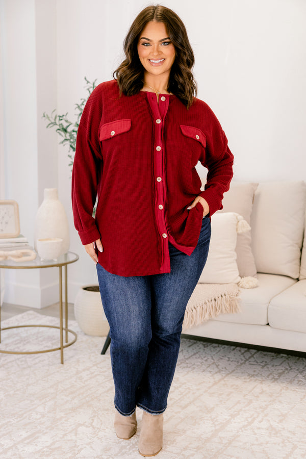 Chic Soul plus size clothing, wine red tons down the front and two front breast pockets with button closure