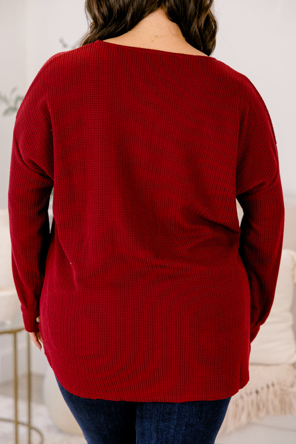 Chic Soul plus size clothing, wine red tons down the front and two front breast pockets with button closure