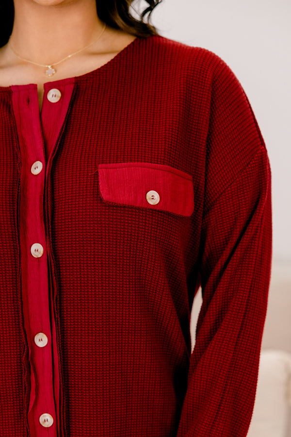 Chic Soul plus size clothing, wine red tons down the front and two front breast pockets with button closure