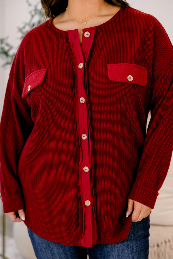 Chic Soul plus size clothing, wine red tons down the front and two front breast pockets with button closure