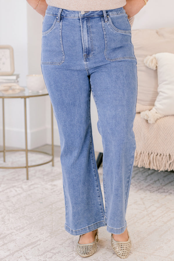 Chic Soul plus size clothing, medium wash straight leg blue jeans