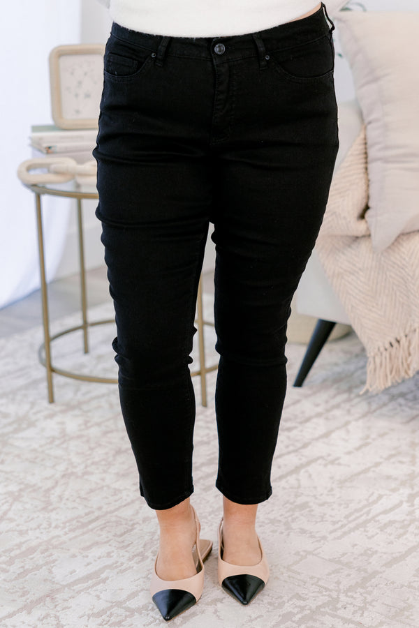 Chic Soul plus size clothing, black skinny leg jeans with zipper and button, belt loops, and front pockets