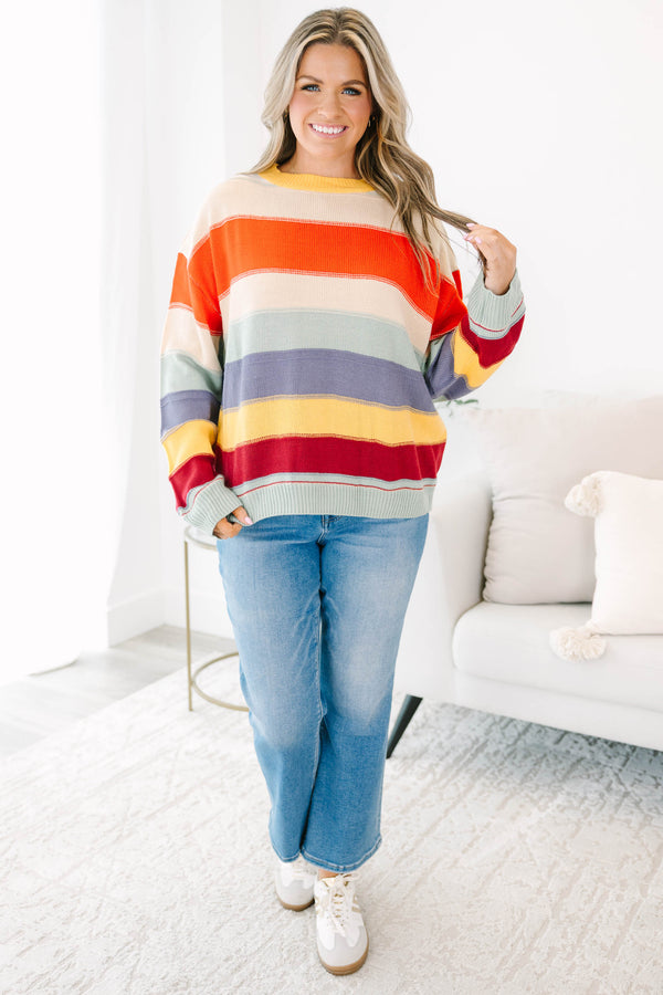 Chic Soul plus size clothing, red multicolored striped pattern sweater