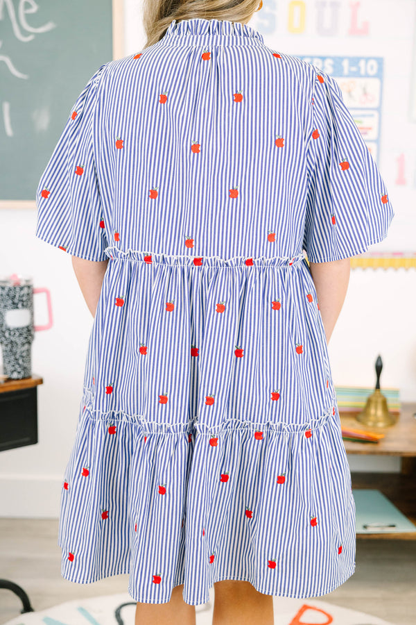 Plus size navy and white striped tiered dress with red apple embroidery and a flowy fit.