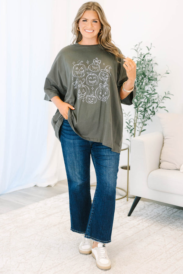 Plus Size smoke gray boyfriend tee with white hand-drawn pumpkin graphics and a crew neckline.