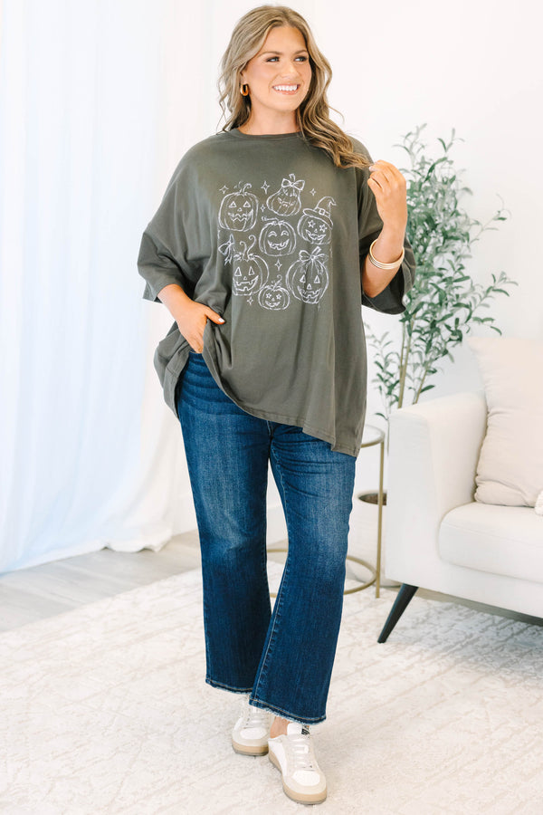 Plus Size smoke gray boyfriend tee with white hand-drawn pumpkin graphics and a crew neckline.
