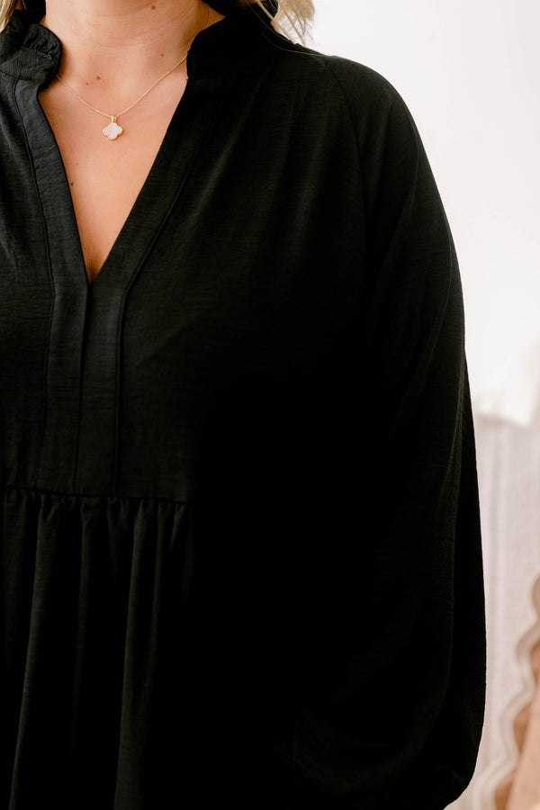 Chic Soul plus size clothing, black long sleeve short tiered dress with v neckline and mock collar