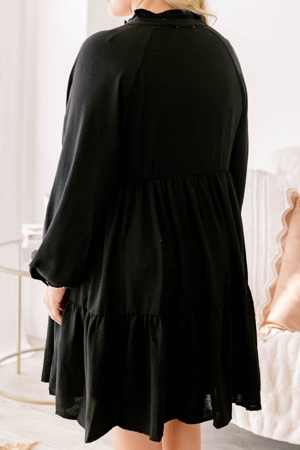 Chic Soul plus size clothing, black long sleeve short tiered dress with v neckline and mock collar