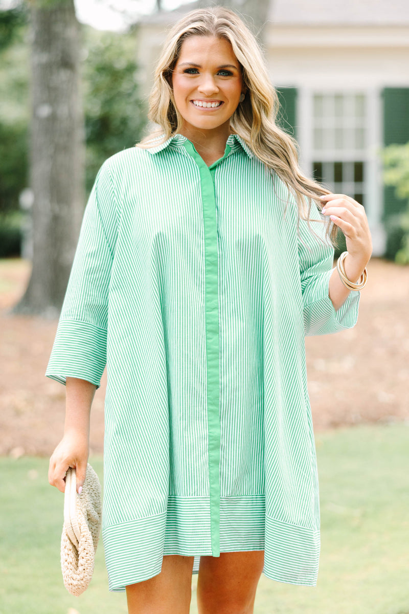 green and white striped t shirt dress Metallic Stripe Linen Three Quarter Sleeve Maxi Shirt Dress - Green/White