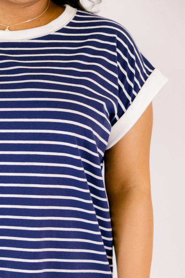 Chic Soul plus size clothing, Navy short sleeve tee with a white stripe outlining the the end of each sleeve and going along the neckline of the tee 