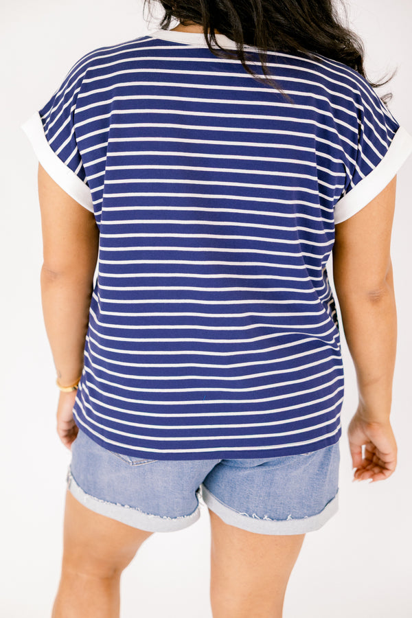 Chic Soul plus size clothing, Navy short sleeve tee with a white stripe outlining the the end of each sleeve and going along the neckline of the tee 