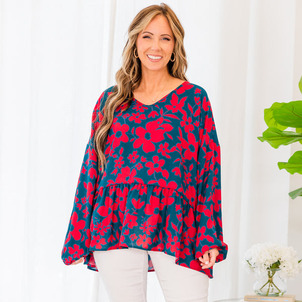 Chic Soul plus size clothing, dark teal long sleeve baby doll top with red floral details and ruffles