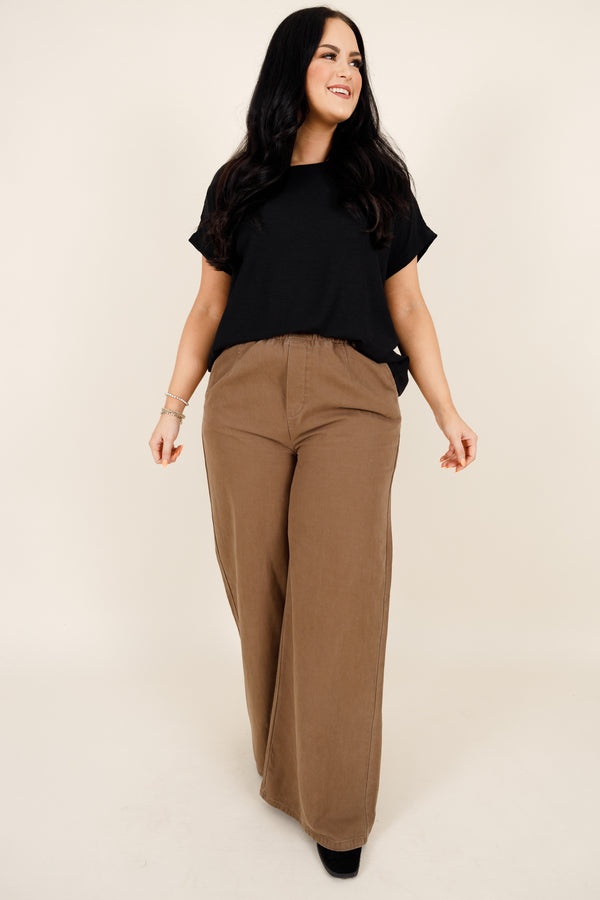 Chic Soul plus size clothing, mocha colored paperbag style straight leg pant