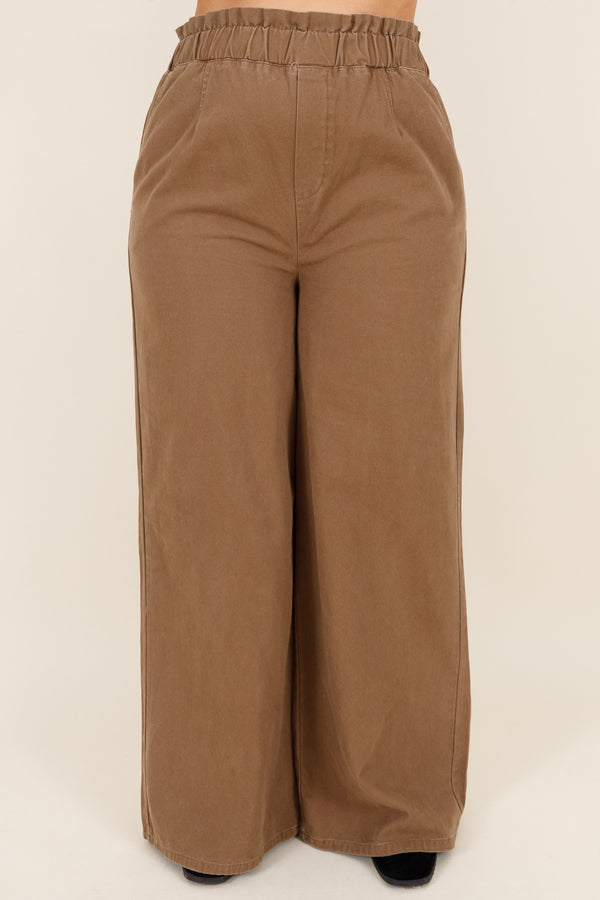 Chic Soul plus size clothing, mocha colored paperbag style straight leg pant