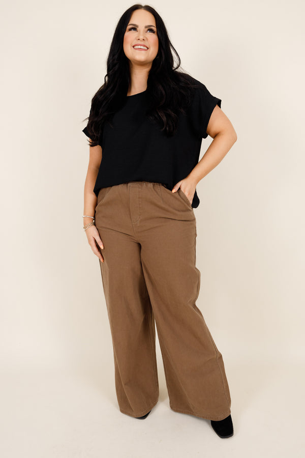 Chic Soul plus size clothing, mocha colored paperbag style straight leg pant