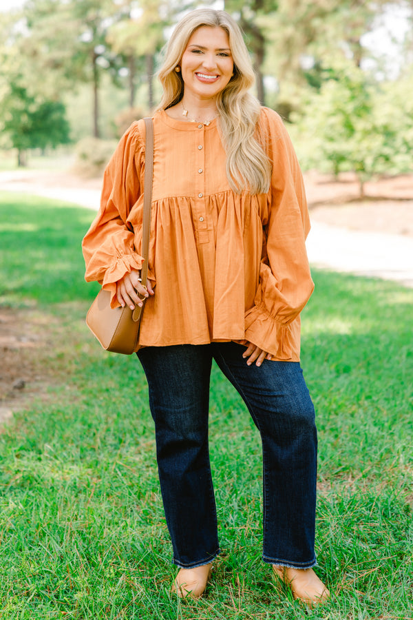 Chic Soul plus size clothing, orange long sleeve top with flutter sleeves and buttons half way down