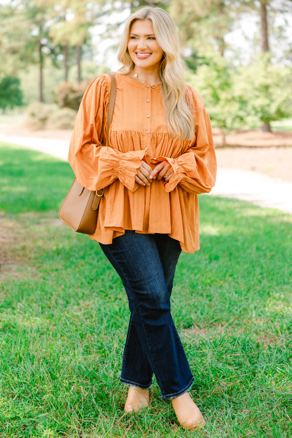 Chic Soul plus size clothing, orange long sleeve top with flutter sleeves and buttons half way down