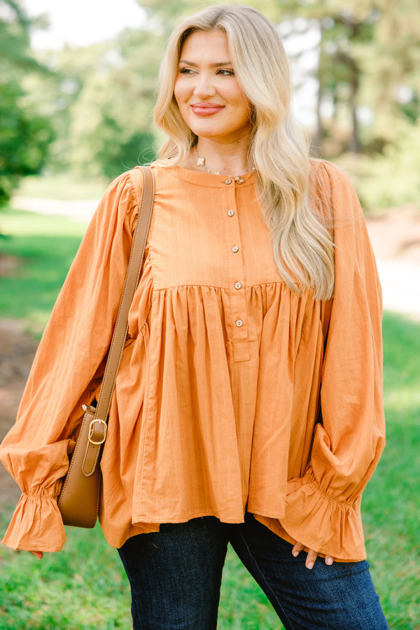 Chic Soul plus size clothing, orange long sleeve top with flutter sleeves and buttons half way down