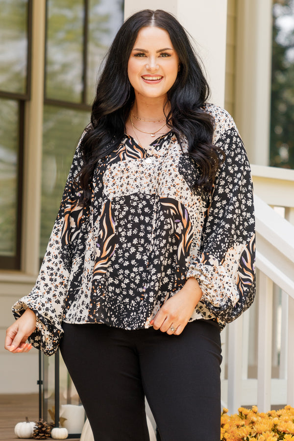 Chic Soul plus size clothing, black floral patterned blouse with balloon sleeves