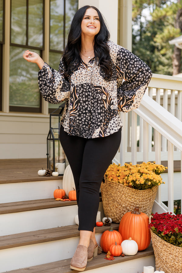 Chic Soul plus size clothing, black floral patterned blouse with balloon sleeves