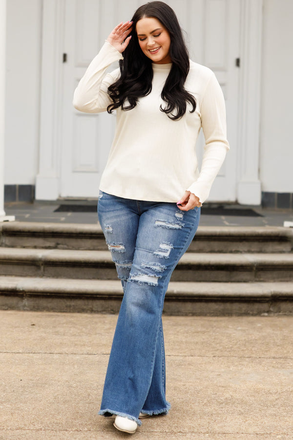 Chic Soul plus size clothing, dark wash distressed bootcut jeans