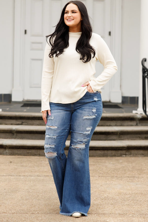 Chic Soul plus size clothing, dark wash distressed bootcut jeans