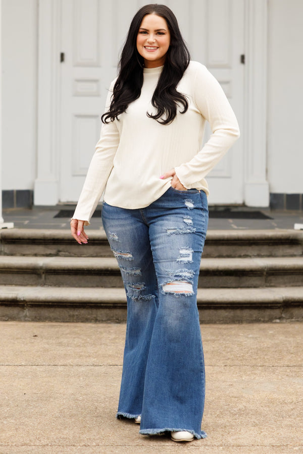 Chic Soul plus size clothing, dark wash distressed bootcut jeans