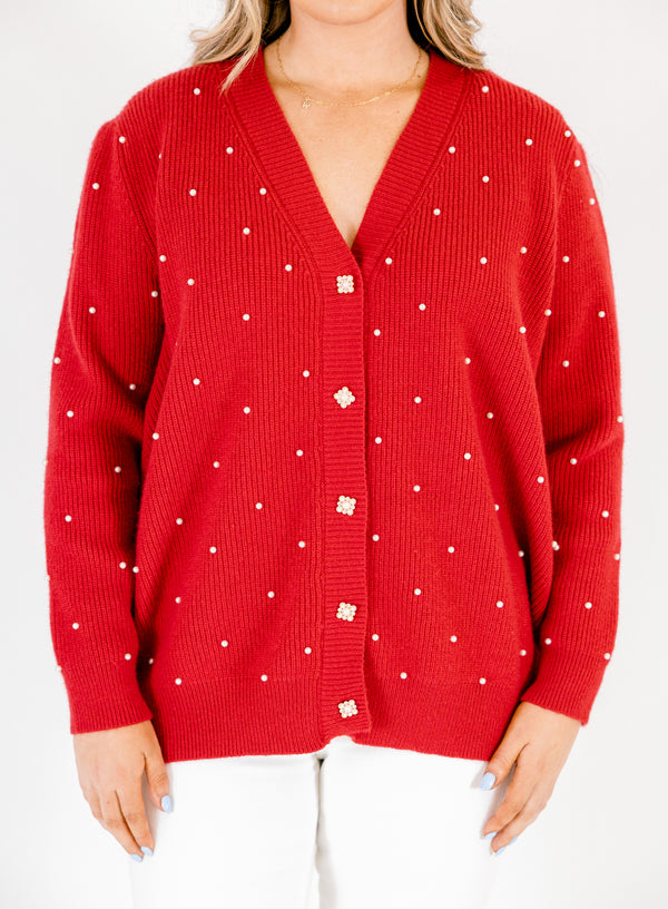 Chic Soul plus size clothing, red long sleeve button down cardigan with white buttons and white small polka dots
