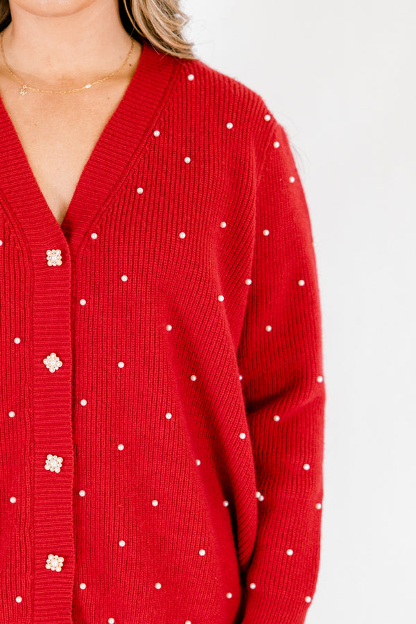 Chic Soul plus size clothing, red long sleeve button down cardigan with white buttons and white small polka dots