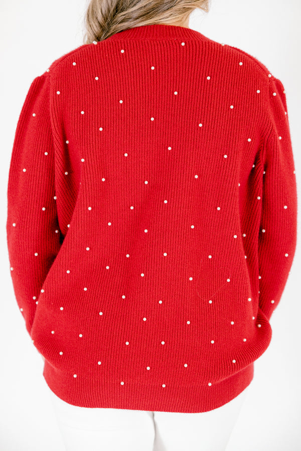 Chic Soul plus size clothing, red long sleeve button down cardigan with white buttons and white small polka dots