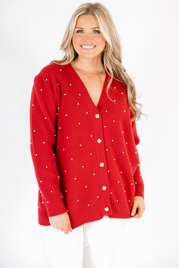 Chic Soul plus size clothing, red long sleeve button down cardigan with white buttons and white small polka dots