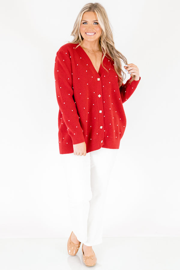 Chic Soul plus size clothing, red long sleeve button down cardigan with white buttons and white small polka dots