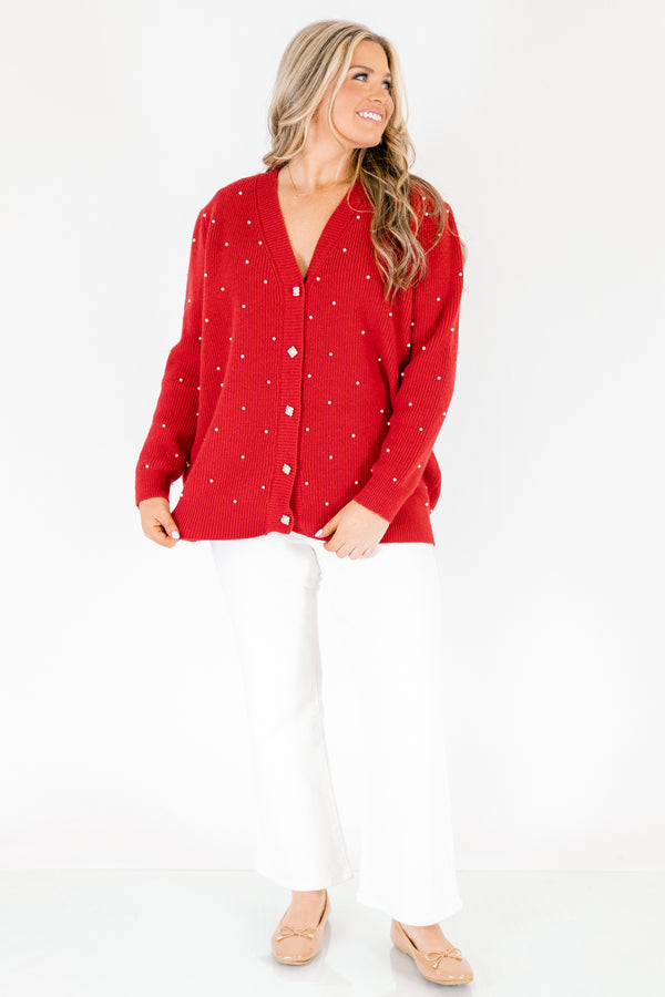 Chic Soul plus size clothing, red long sleeve button down cardigan with white buttons and white small polka dots