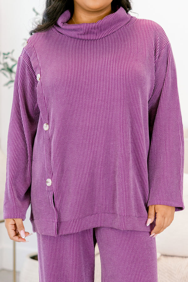 Chic Soul plus size clothing, purple turtle neck long sleeve ribbed top and ribbed straight leg pants set