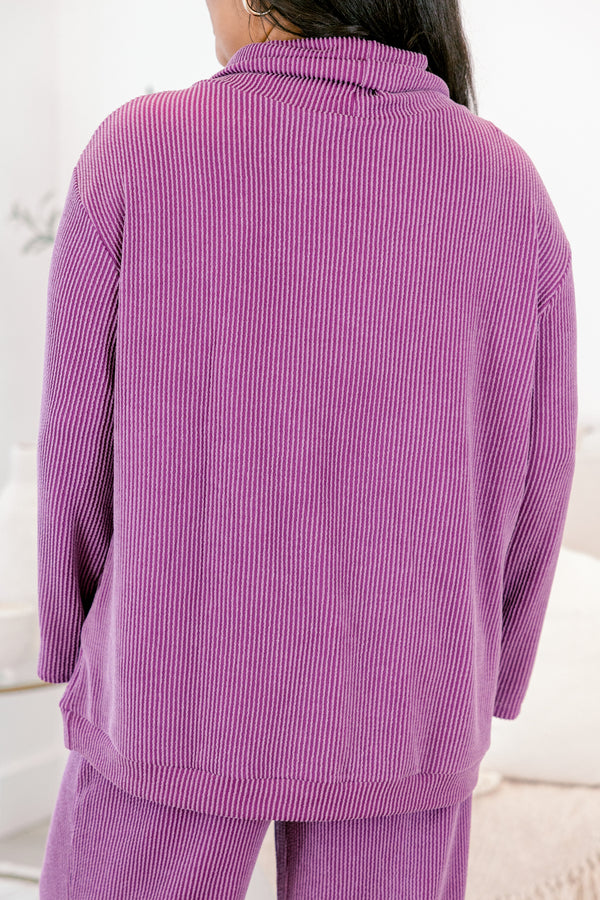 Chic Soul plus size clothing, purple turtle neck long sleeve ribbed top and ribbed straight leg pants set