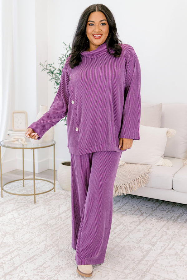 Chic Soul plus size clothing, purple turtle neck long sleeve ribbed top and ribbed straight leg pants set