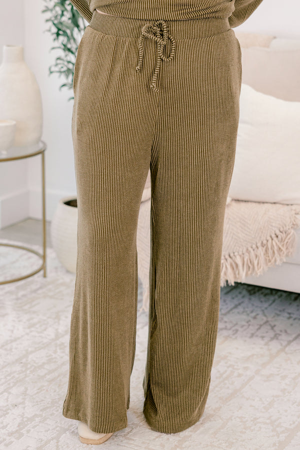 Chic Soul plus size clothing, olive green long sleeve cowl neck top with three wood buttons along the side and flowy pants set