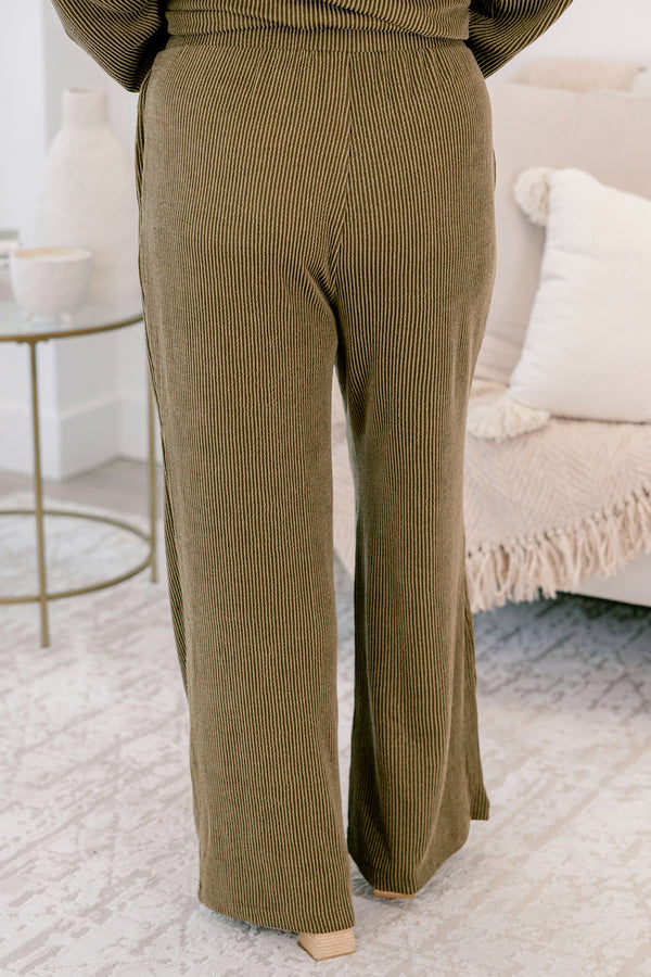 Chic Soul plus size clothing, olive green long sleeve cowl neck top with three wood buttons along the side and flowy pants set