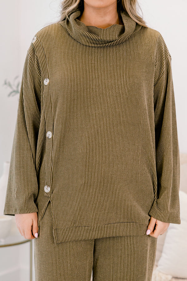 Chic Soul plus size clothing, olive green long sleeve cowl neck top with three wood buttons along the side and flowy pants set