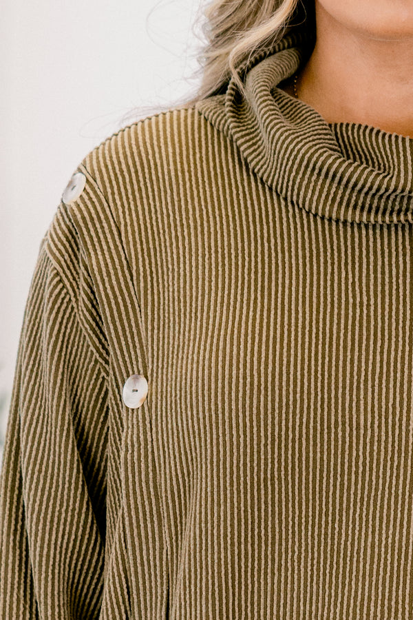 Chic Soul plus size clothing, olive green long sleeve cowl neck top with three wood buttons along the side and flowy pants set