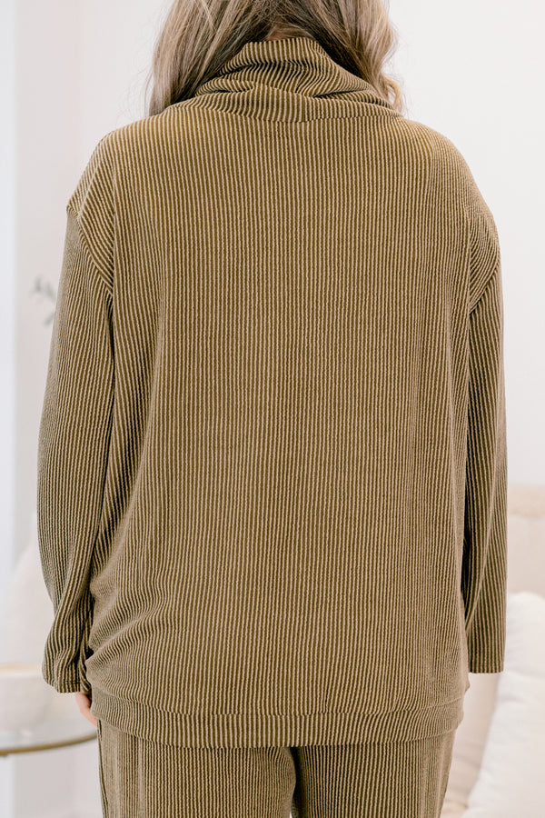 Chic Soul plus size clothing, olive green long sleeve cowl neck top with three wood buttons along the side and flowy pants set