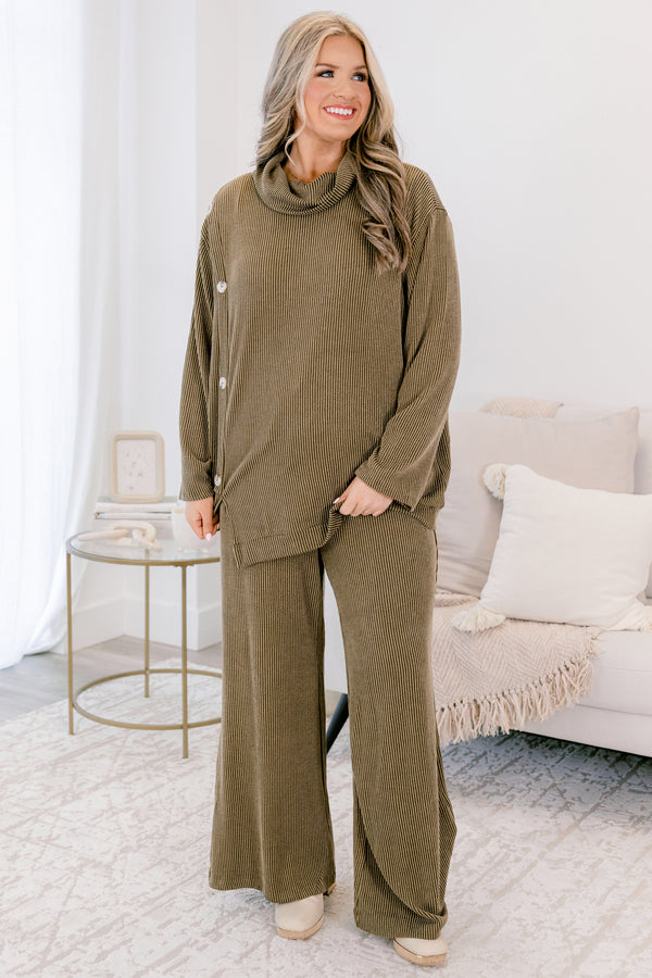 Chic Soul plus size clothing, olive green long sleeve cowl neck top with three wood buttons along the side and flowy pants set