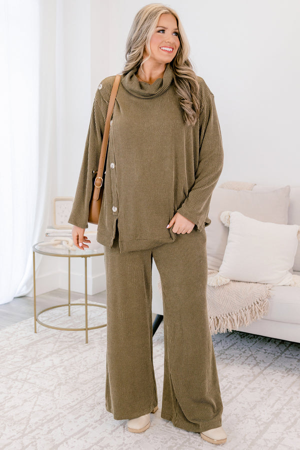 Chic Soul plus size clothing, olive green long sleeve cowl neck top with three wood buttons along the side and flowy pants set